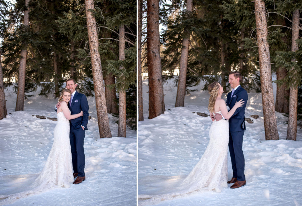 Bride and groom's first look in the snow at Breckenridge Ski Resort in the woods for their winter elopement in Colorado