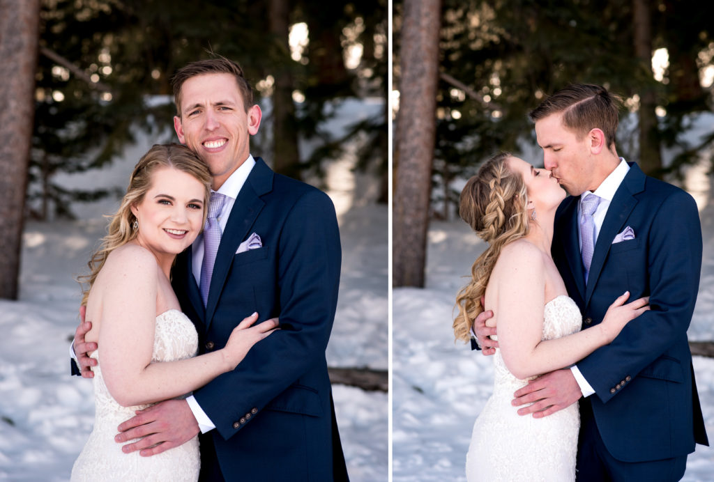 Bride and groom laughing in the woods at Breckenridge Ski resort mountain during their winter elopement in Colorado