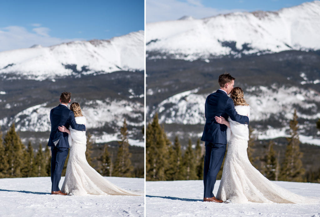 Couple looking out at Colorado mountain during Breckenridge winter elopement day 