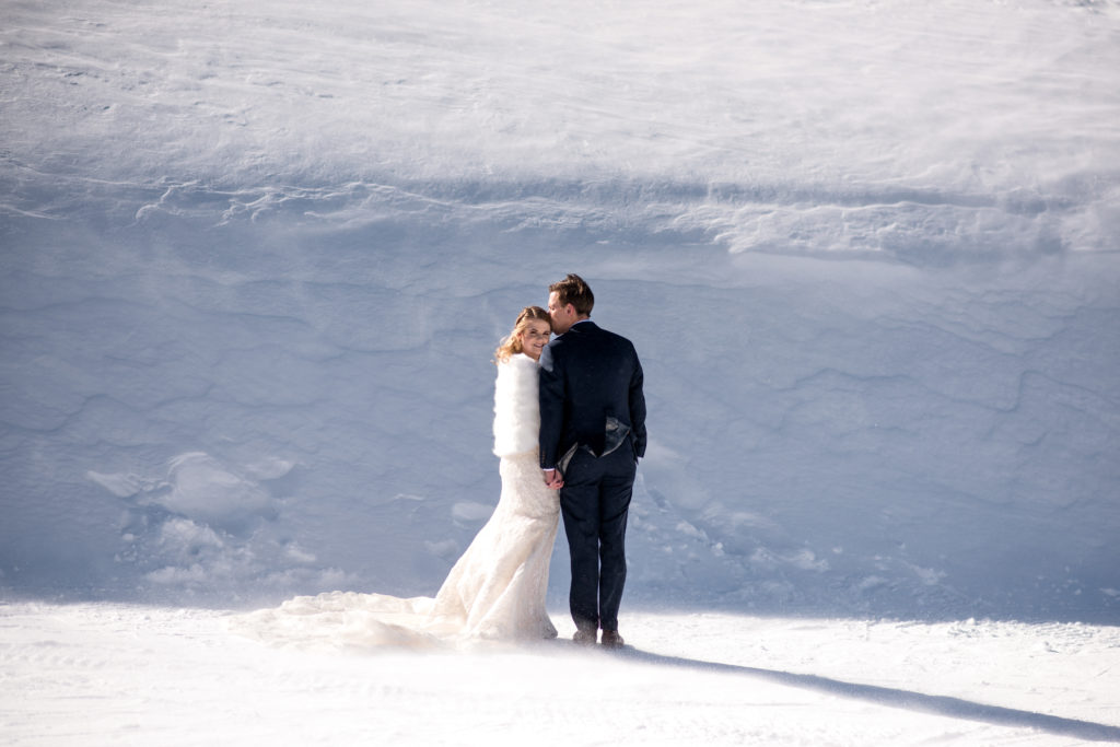 Couple in the snow during Breckenridge Colorado winter elopement at Breckenridge ski resort