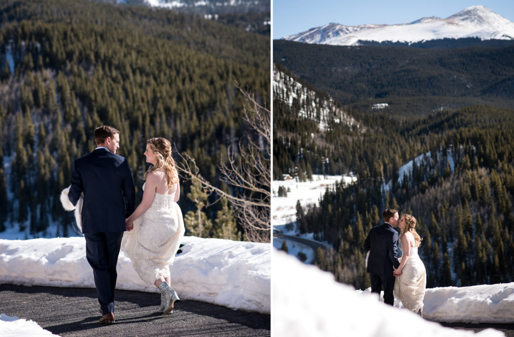 Couple walking to The Lodge at Breckenridge on their Colorado wedding day