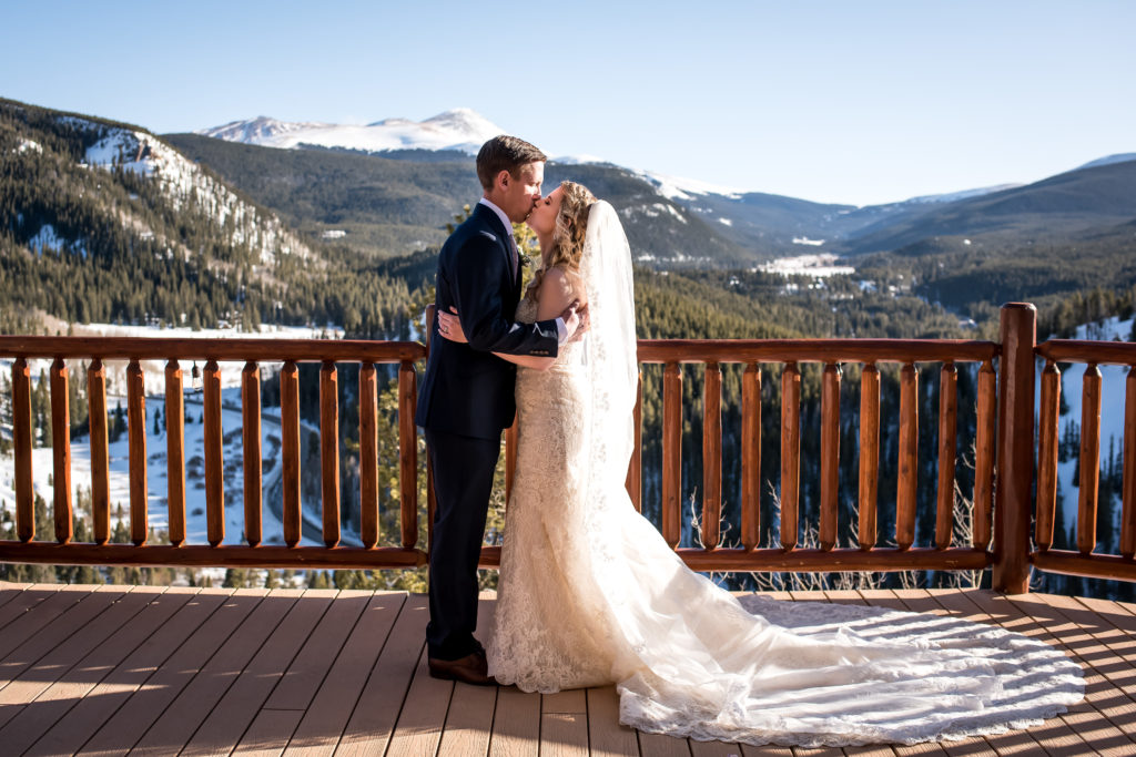Winter Colorado ceremony first kiss at The Lodge at Breckenridge