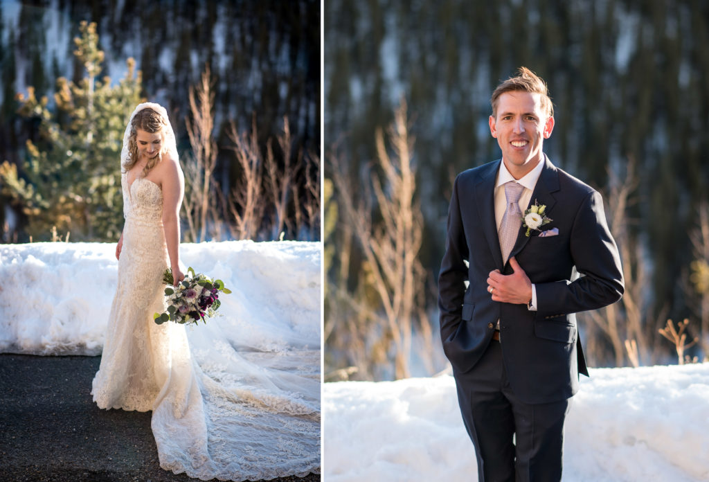 Winter wedding sunset portraits in the mountains at The Lodge at Breckenridge in Breckenridge, Colorado 
