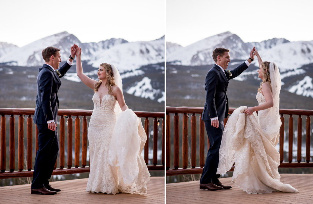 Winter wedding sunset portraits in the mountains with Breckenridge Ski Resort in the background at The Lodge at Breckenridge in Colorado 