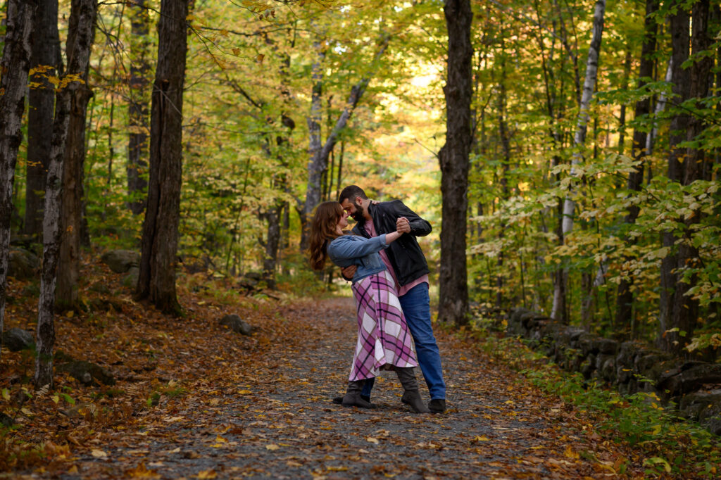Couple moments before a dip on an autumn trail in New England