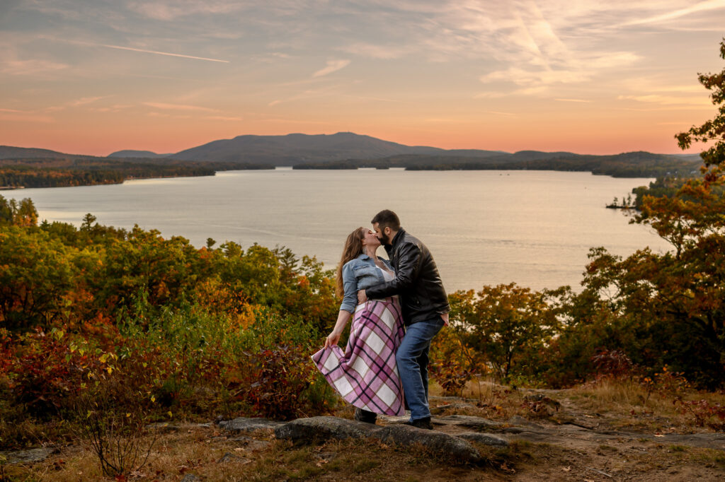 Lake Sunapee engagement photos taken at a scenic mountain overlook