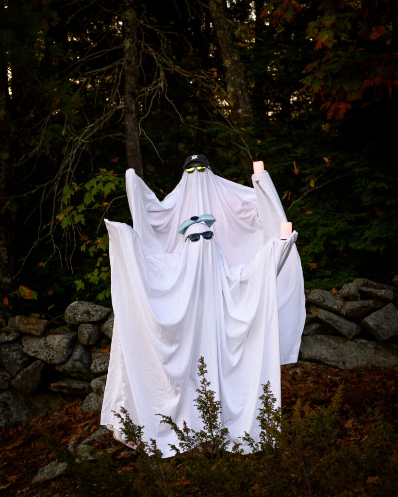 Creative ghost costume portraits during fall engagement session